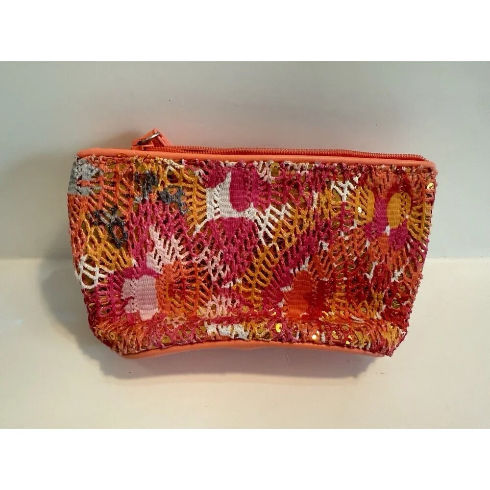 Vera Bradley Iconic Cosmetic Bag Wristlet Sequin Mesh Floral Orange Colorful